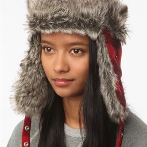 Red and Gray Faux Fur Trapper Hat